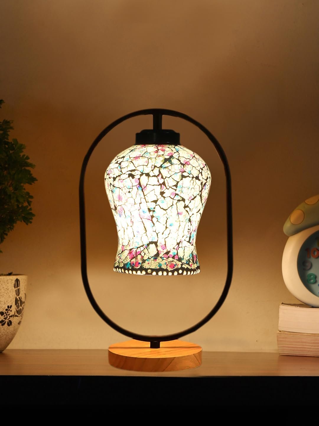 Multicolor Glass Wooden & Iron Table Lamp -17 Inch Height -AKA