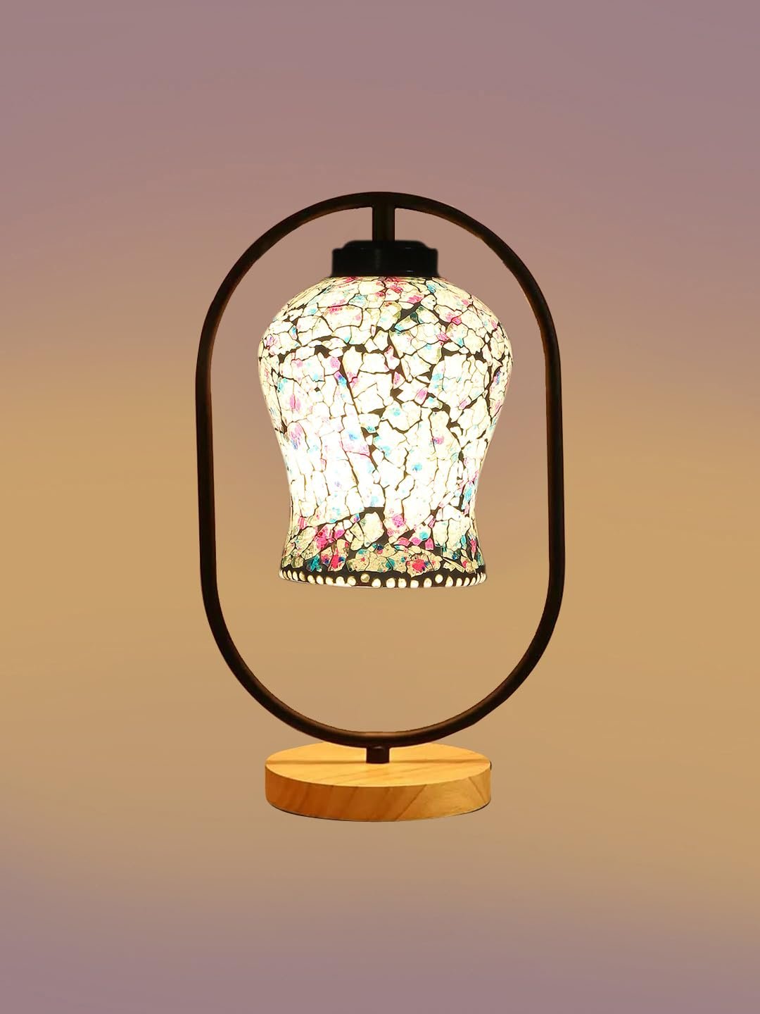 Multicolor Glass Wooden & Iron Table Lamp -17 Inch Height -AKA