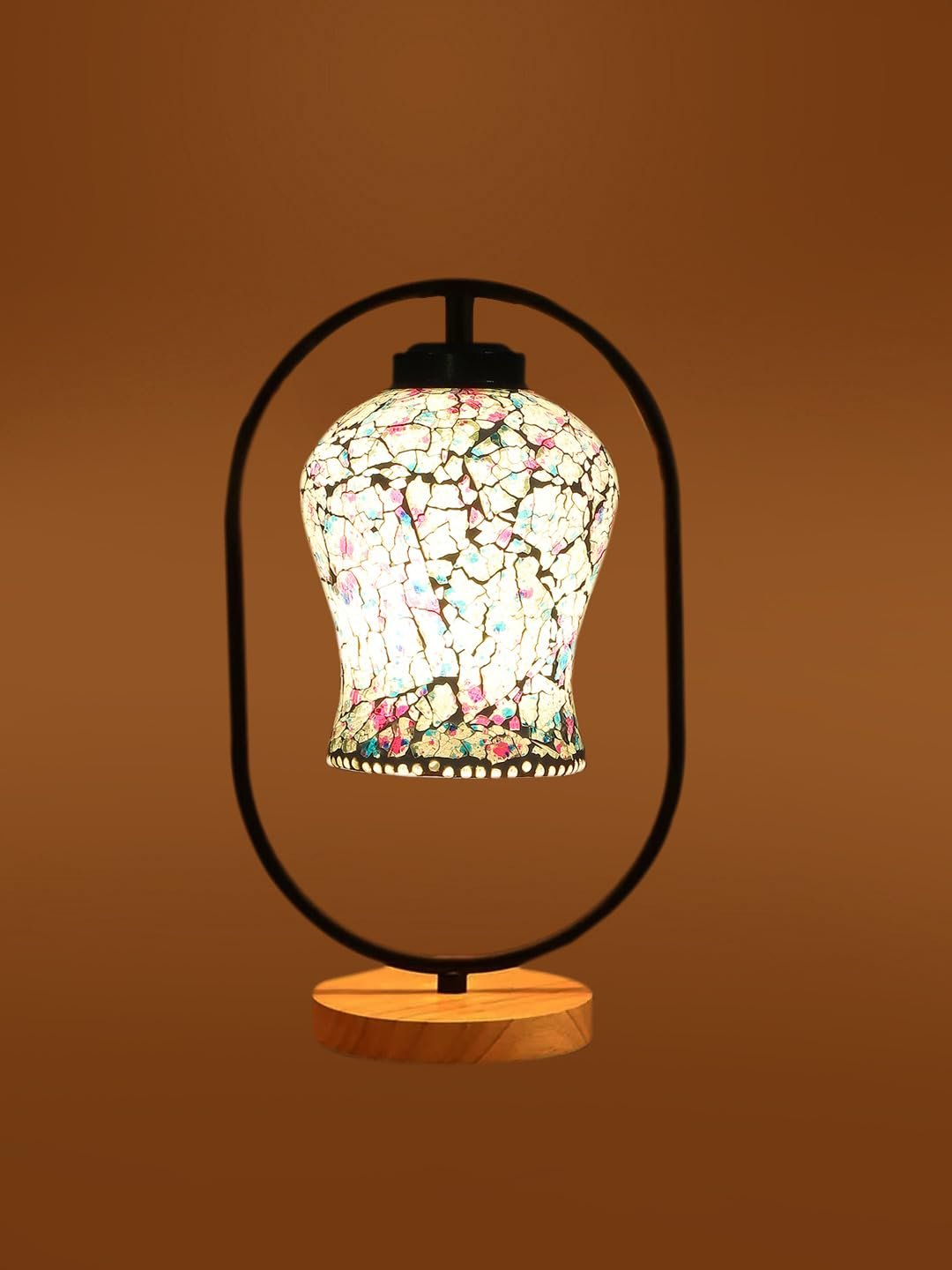 Multicolor Glass Wooden & Iron Table Lamp -17 Inch Height -AKA