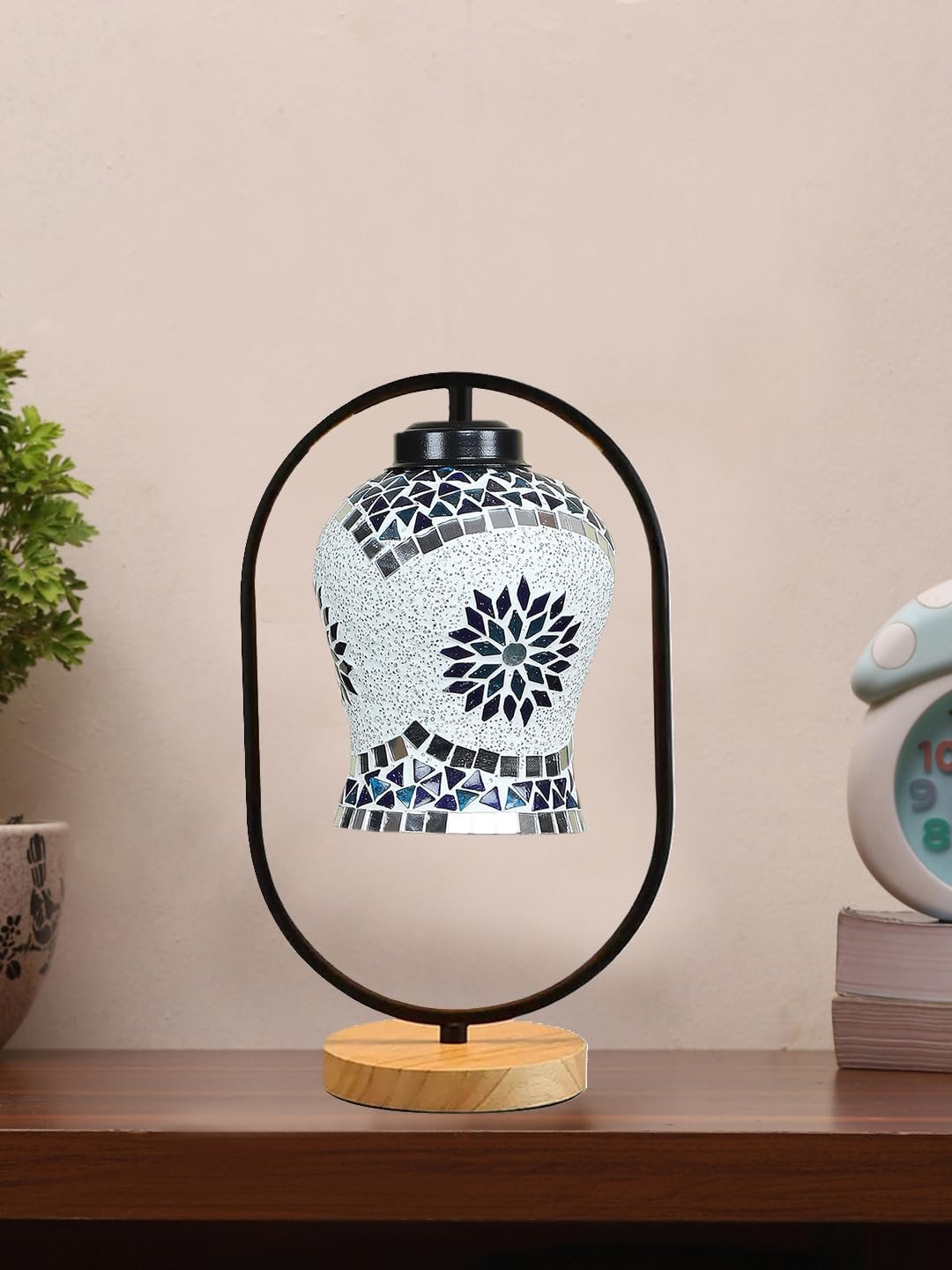 Multicolor Glass Wooden & Iron Table Lamp -17 Inch Height -JHU