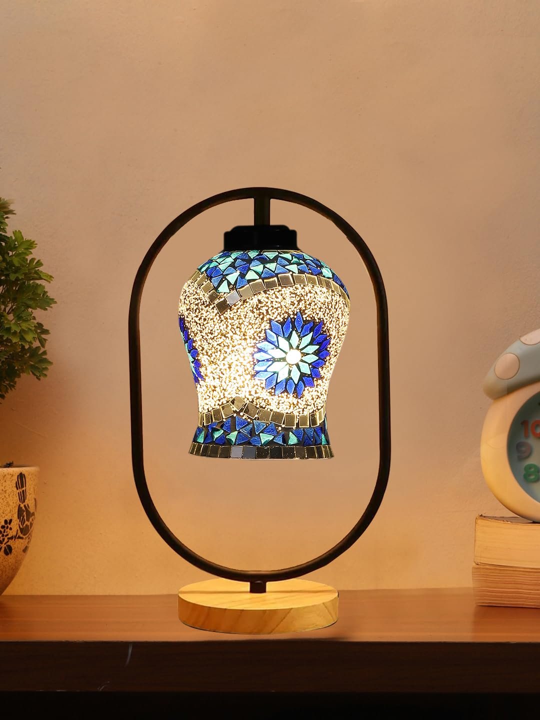 Multicolor Glass Wooden & Iron Table Lamp -17 Inch Height -JHU
