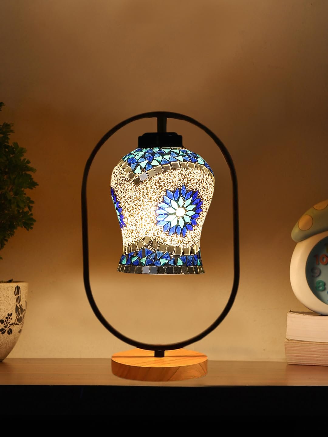 Multicolor Glass Wooden & Iron Table Lamp -17 Inch Height -JHU