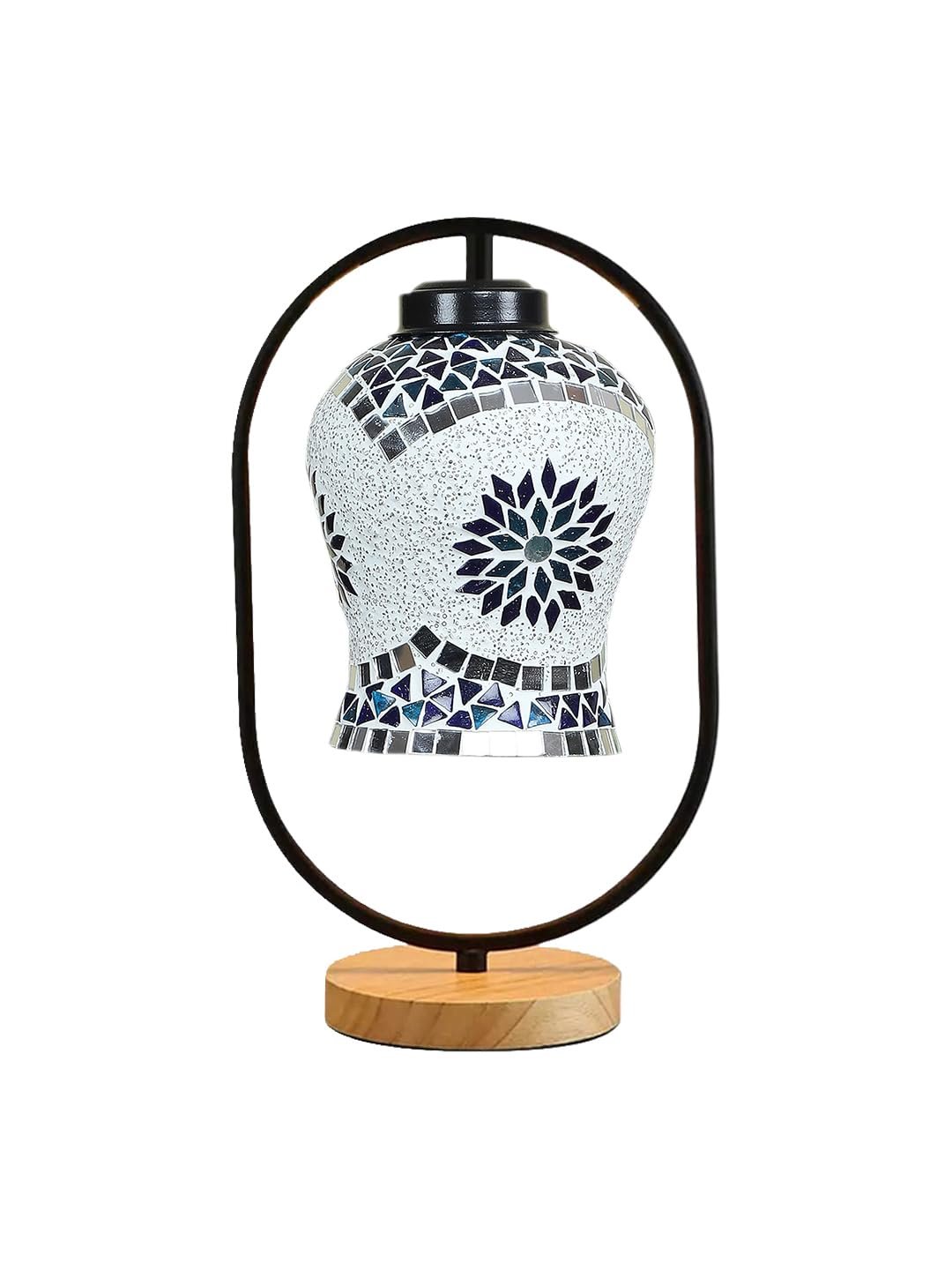 Multicolor Glass Wooden & Iron Table Lamp -17 Inch Height -JHU