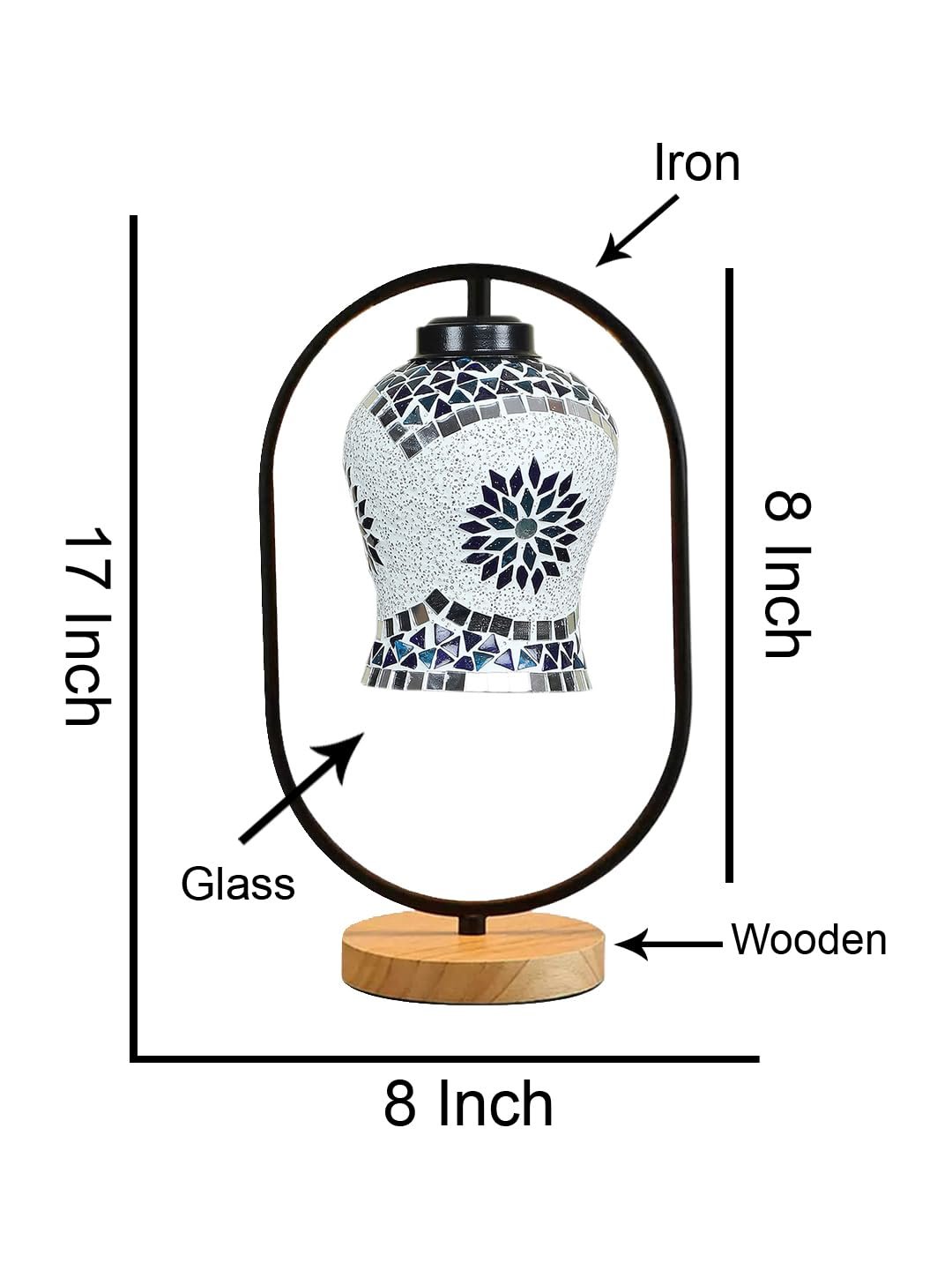 Multicolor Glass Wooden & Iron Table Lamp -17 Inch Height -JHU