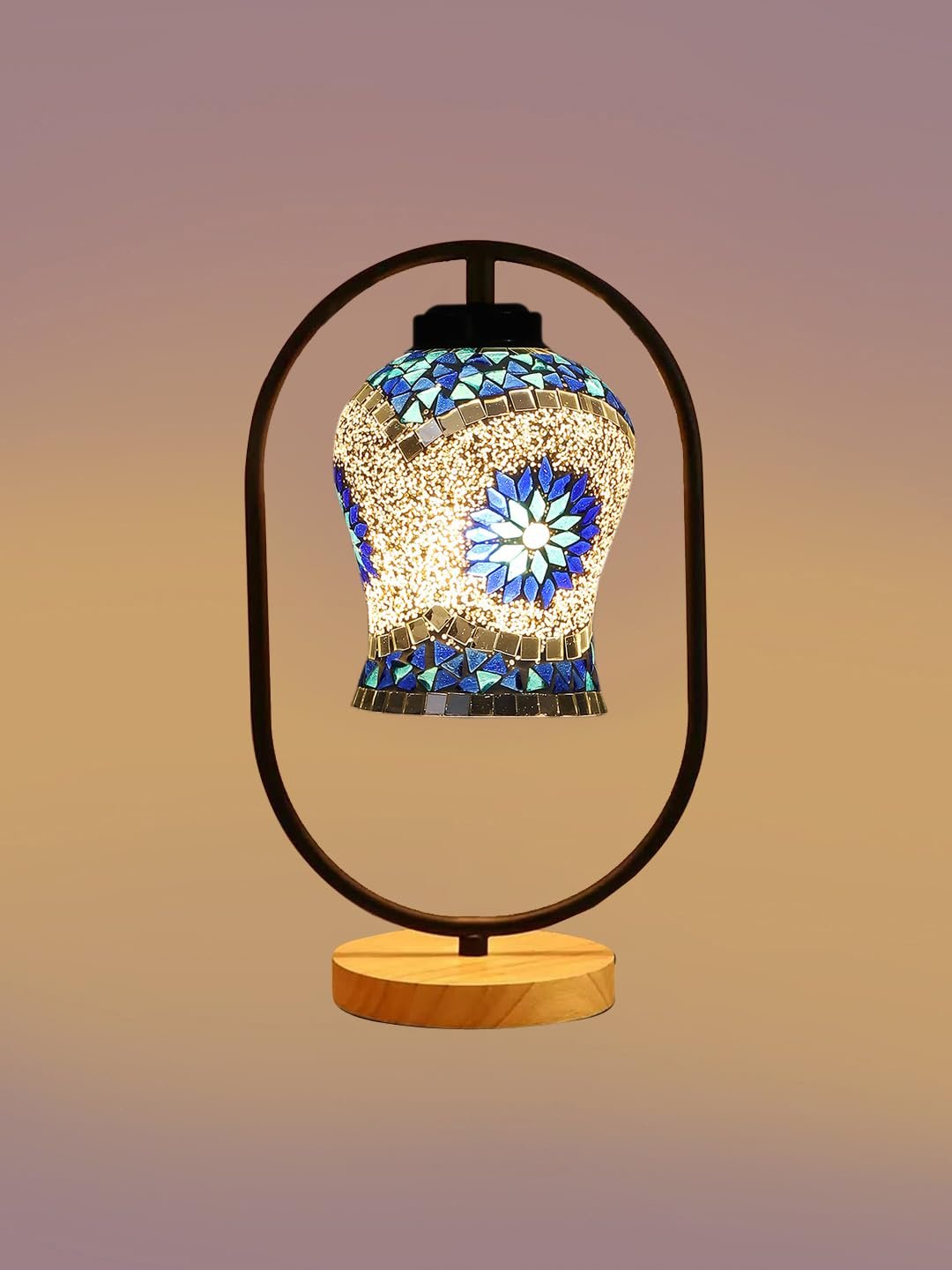 Multicolor Glass Wooden & Iron Table Lamp -17 Inch Height -JHU