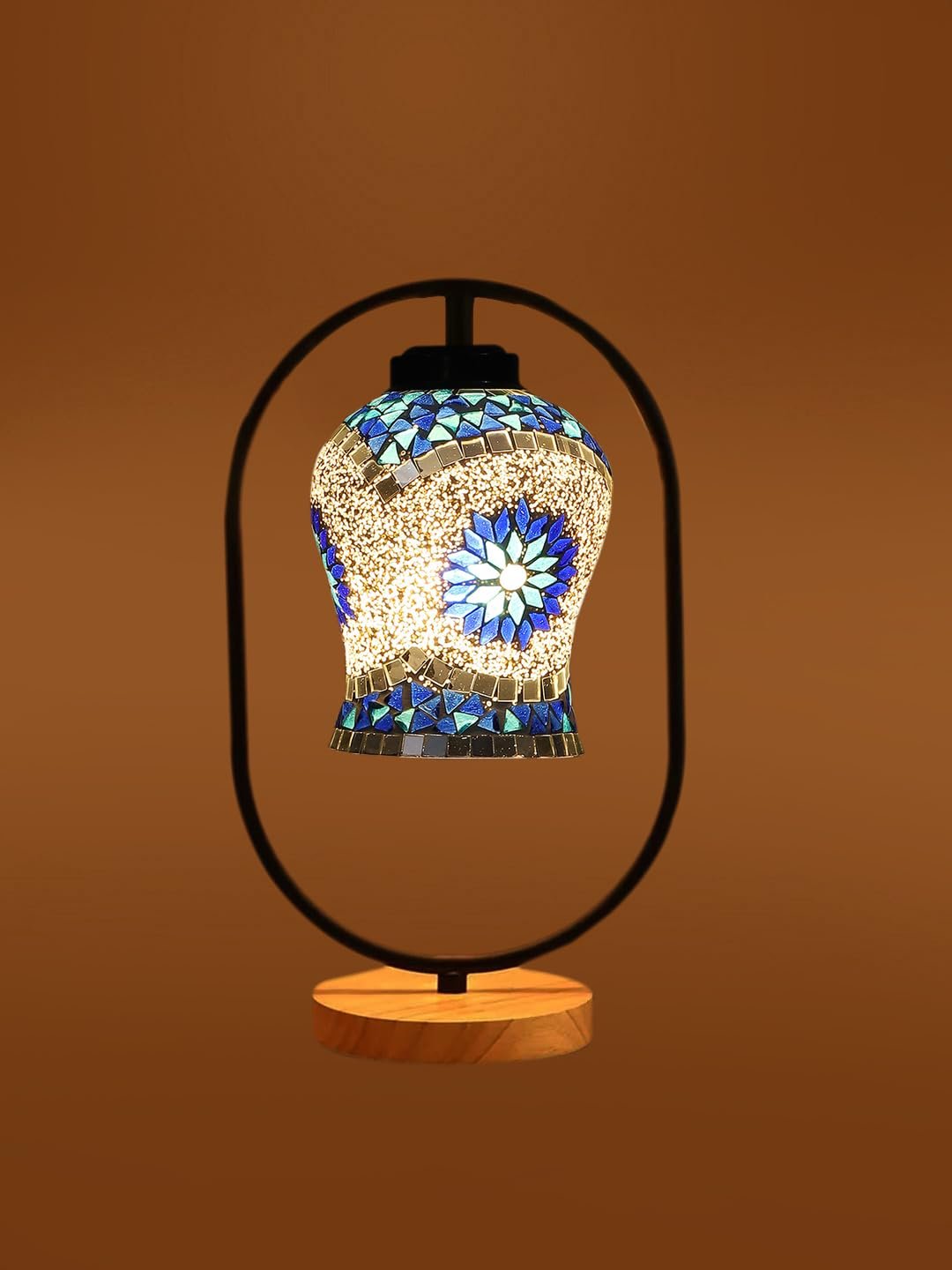 Multicolor Glass Wooden & Iron Table Lamp -17 Inch Height -JHU