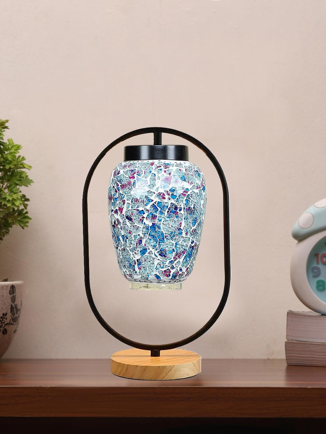 Multicolor Glass Wooden & Iron Table Lamp -17 Inch Height -LPO