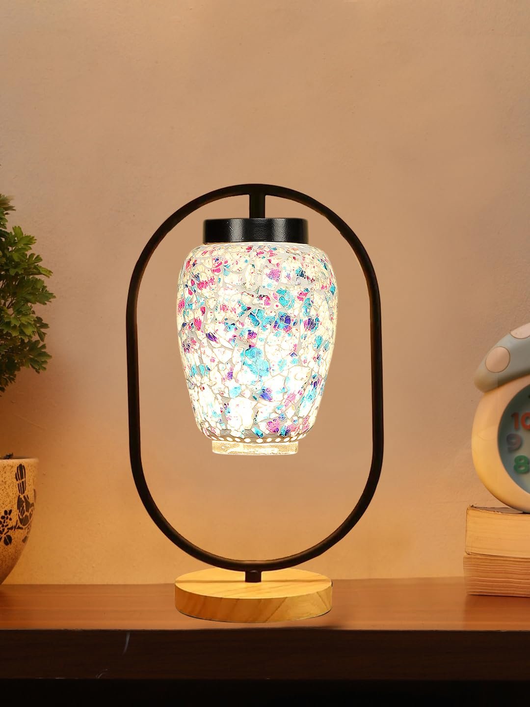 Multicolor Glass Wooden & Iron Table Lamp -17 Inch Height -LPO