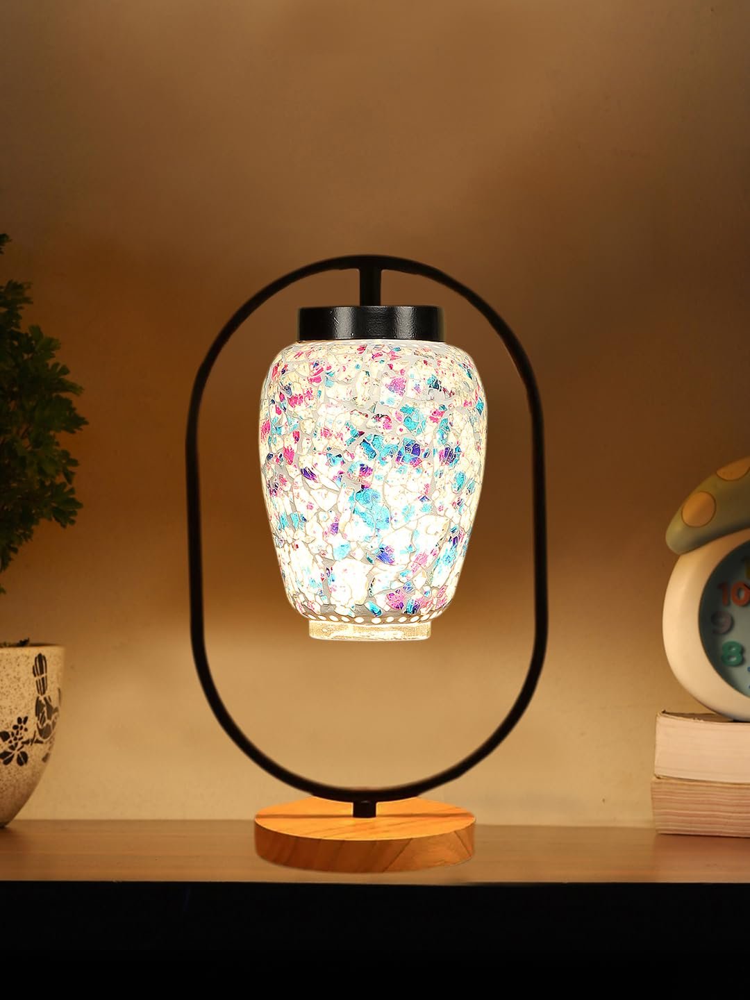 Multicolor Glass Wooden & Iron Table Lamp -17 Inch Height -LPO