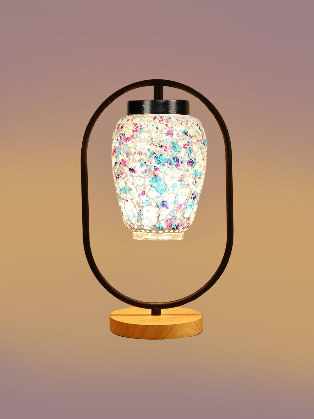 Multicolor Glass Wooden & Iron Table Lamp -17 Inch Height -LPO