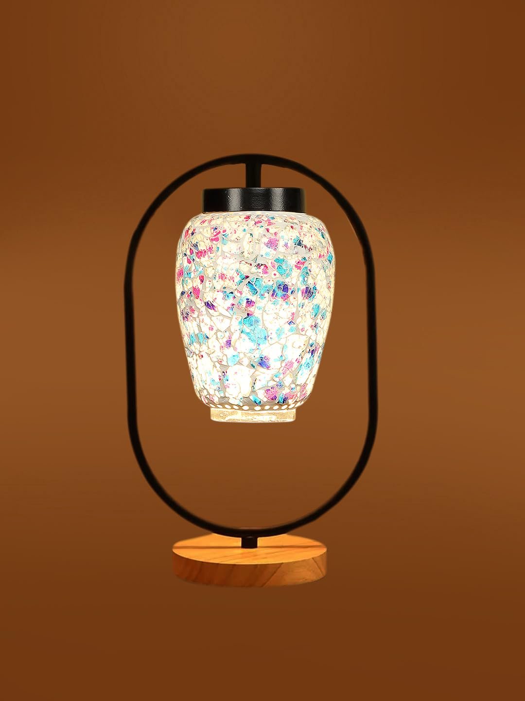 Multicolor Glass Wooden & Iron Table Lamp -17 Inch Height -LPO