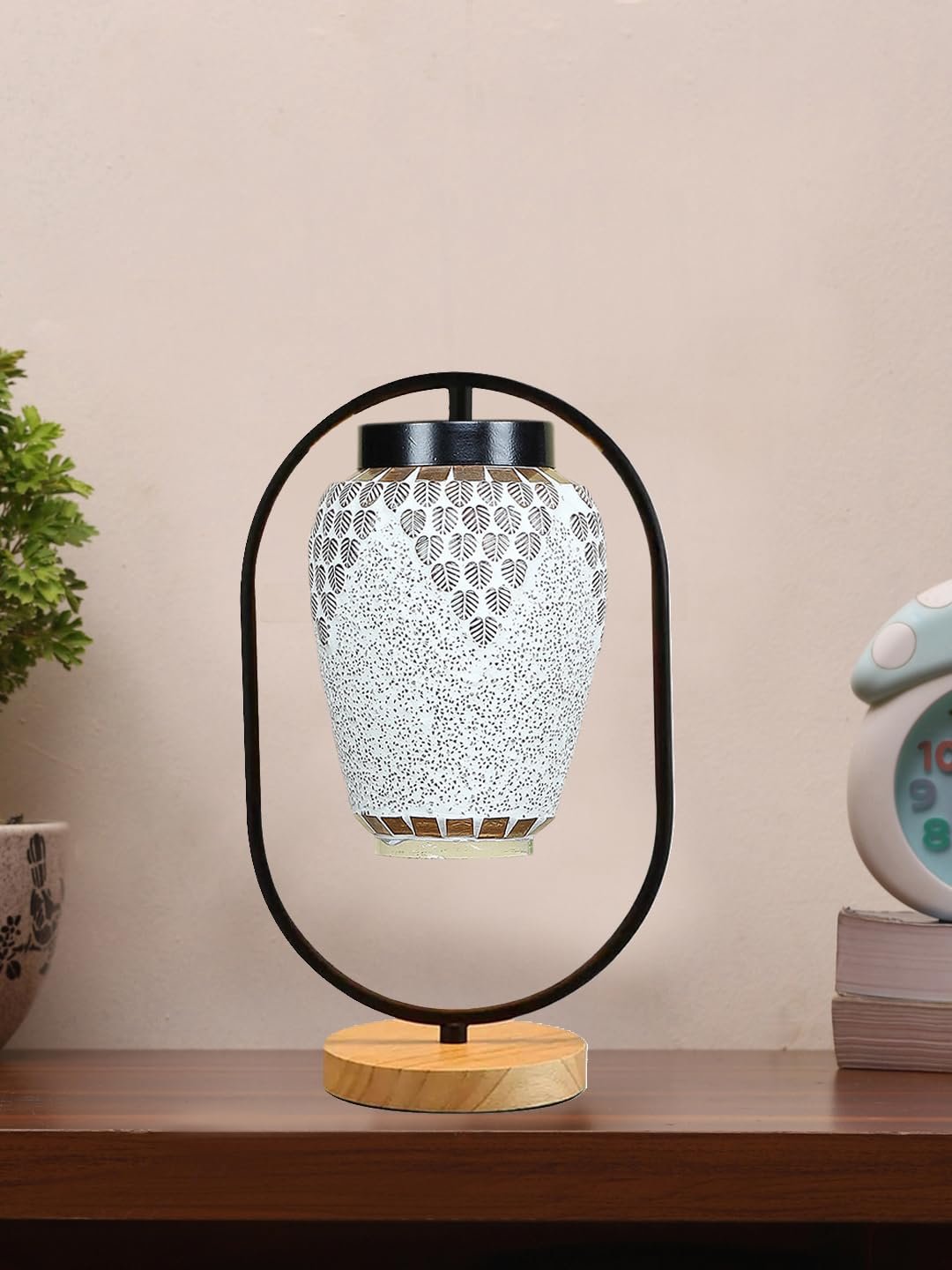 Multicolor Glass Wooden & Iron Table Lamp -17 Inch Height -MNKI