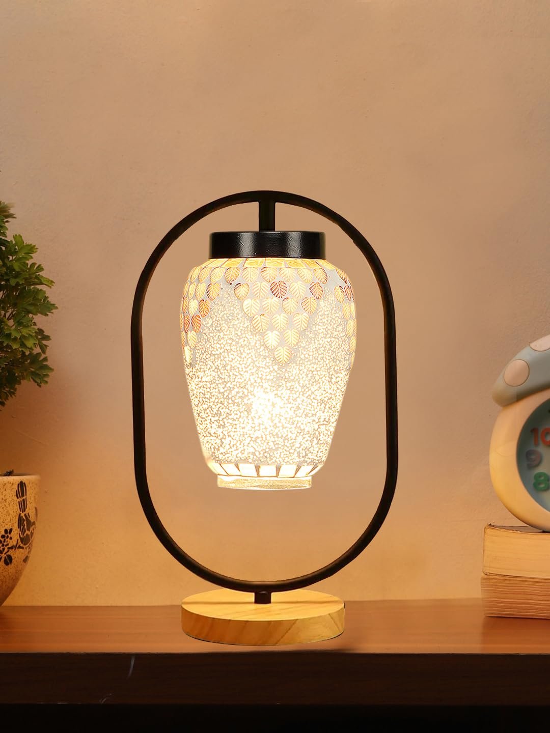 Multicolor Glass Wooden & Iron Table Lamp -17 Inch Height -MNKI