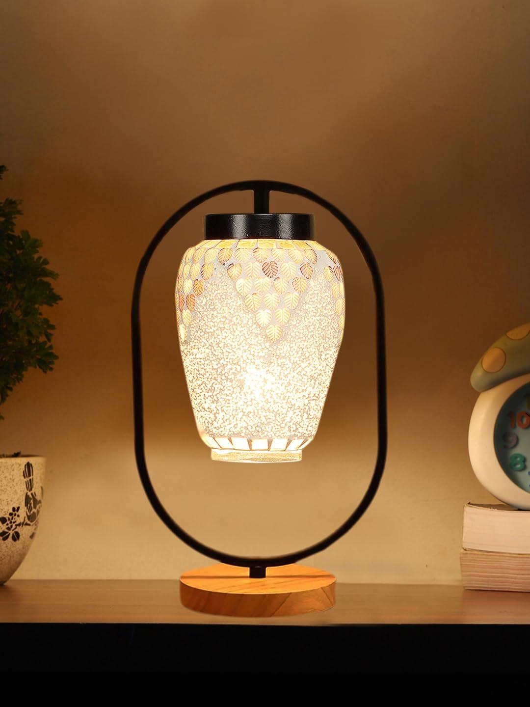 Multicolor Glass Wooden & Iron Table Lamp -17 Inch Height -MNKI
