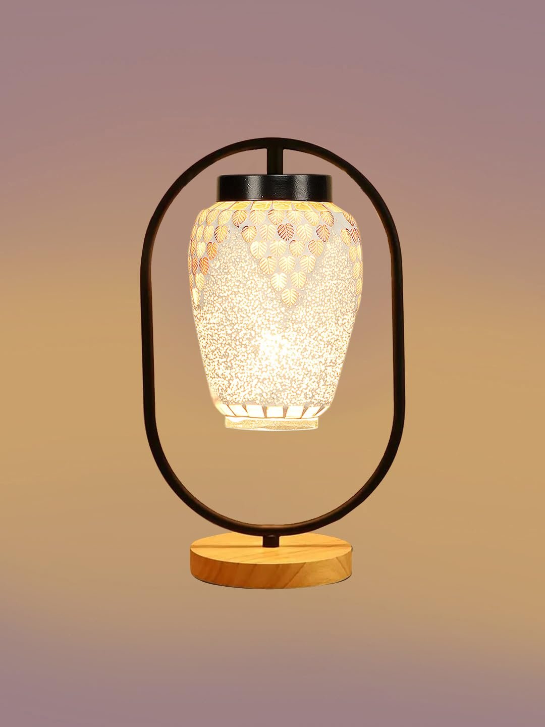 Multicolor Glass Wooden & Iron Table Lamp -17 Inch Height -MNKI