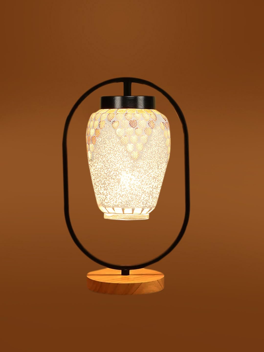 Multicolor Glass Wooden & Iron Table Lamp -17 Inch Height -MNKI