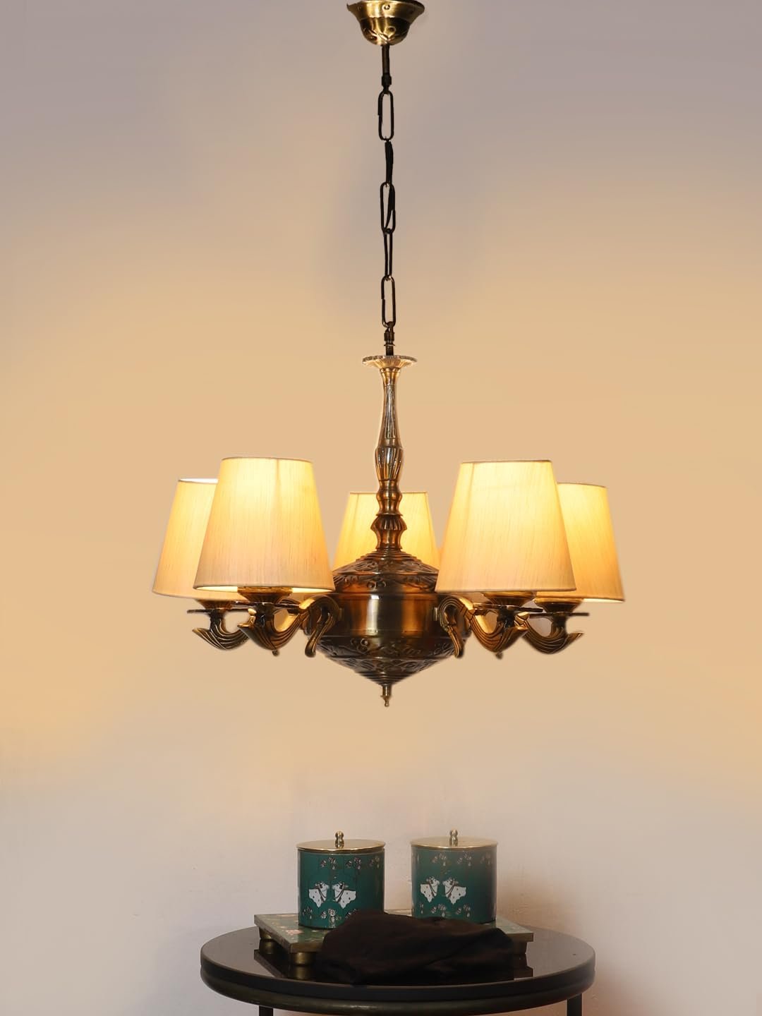 Lights conical Off-White Cotton Shade with Antique Golden Chandelier