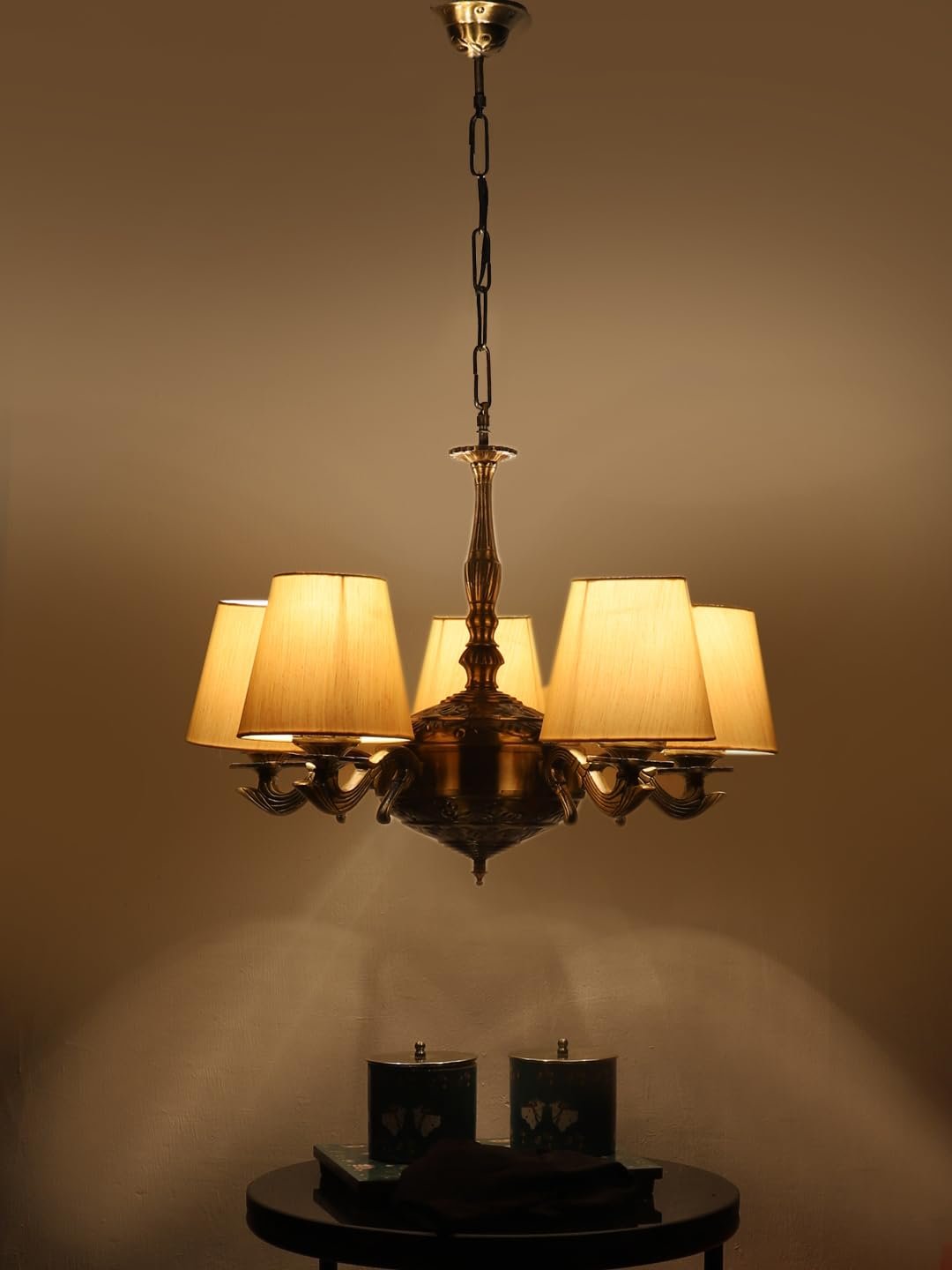 Lights conical Off-White Cotton Shade with Antique Golden Chandelier
