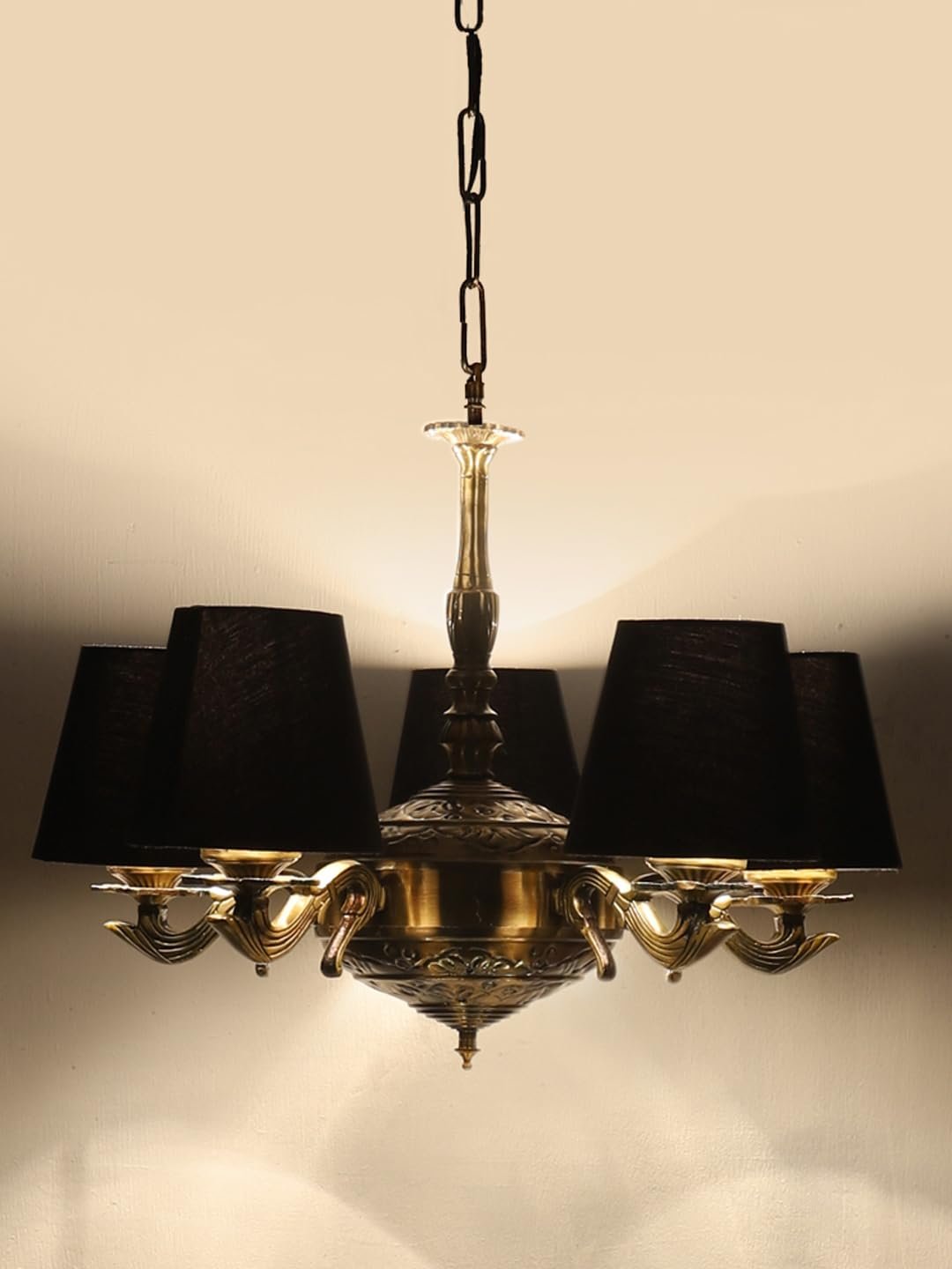 Lights conical Black Cotton Shade with Antique Golden Chandelier