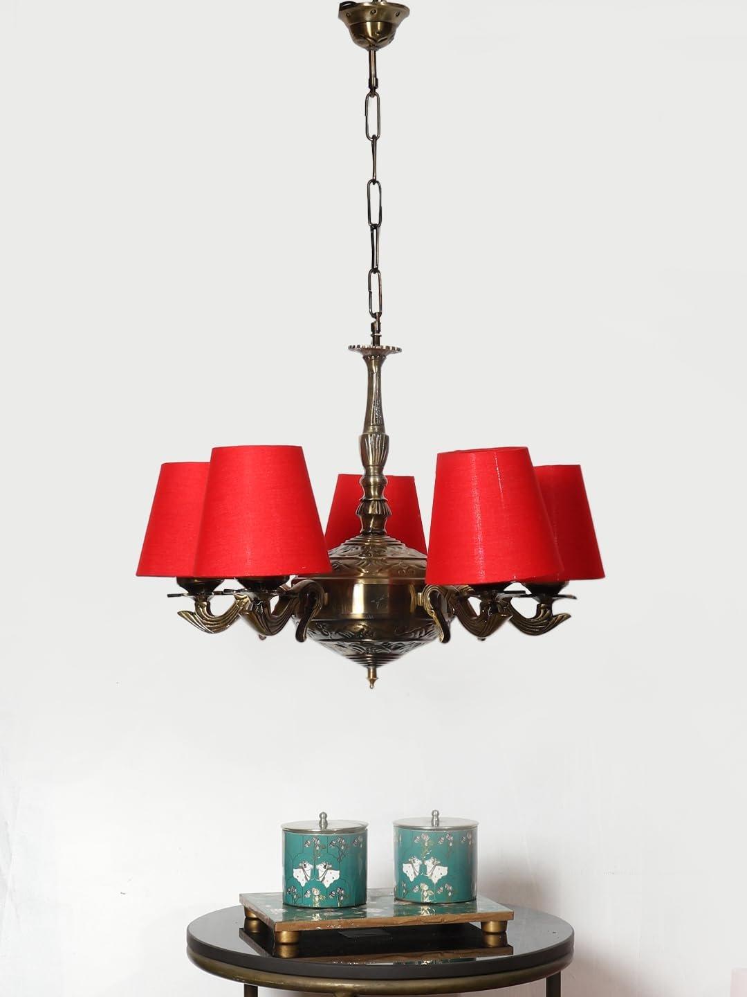Lights Red conical Cotton Shade with Antique Golden Chandelier