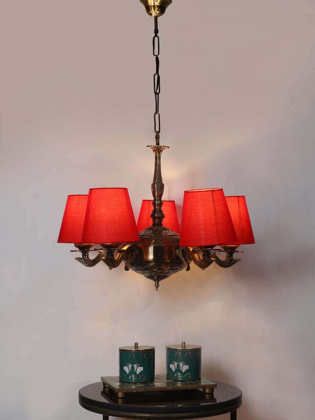 Lights Red conical Cotton Shade with Antique Golden Chandelier