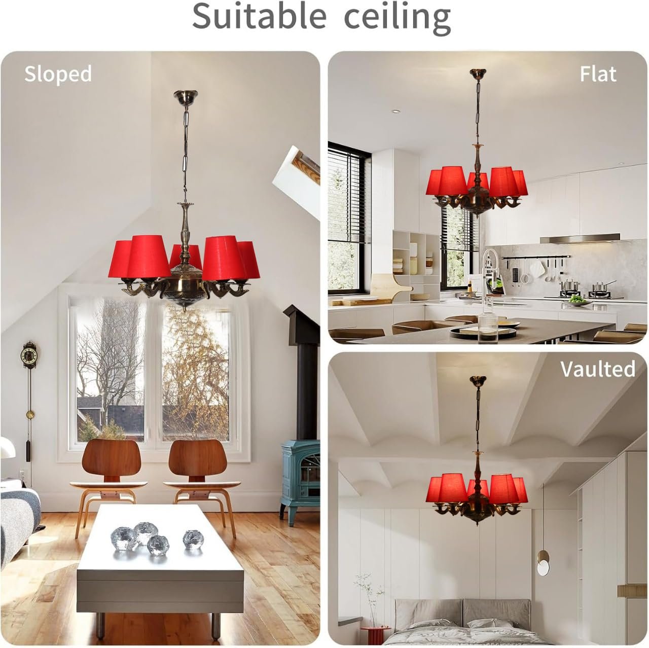 Lights Red conical Cotton Shade with Antique Golden Chandelier