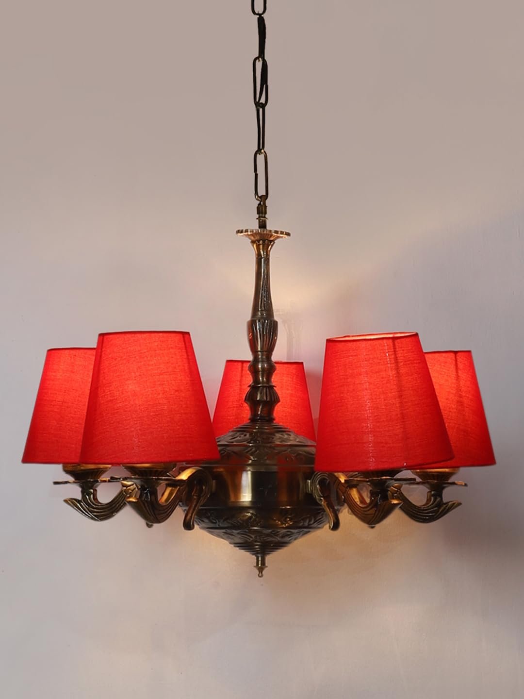 Lights Red conical Cotton Shade with Antique Golden Chandelier