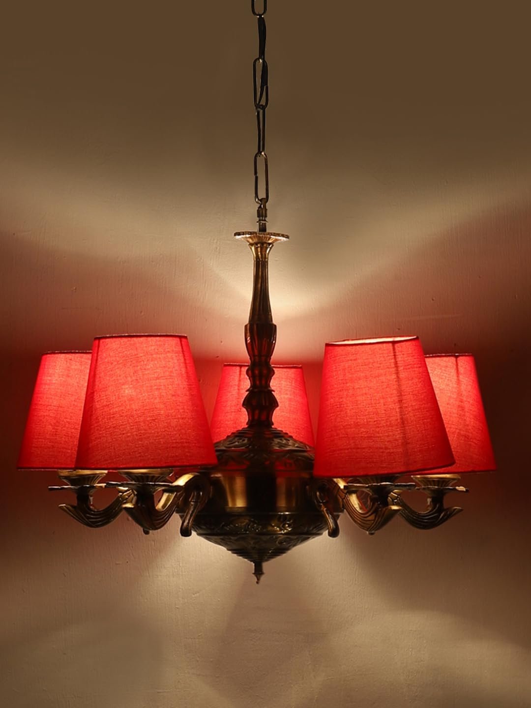 Lights Red conical Cotton Shade with Antique Golden Chandelier