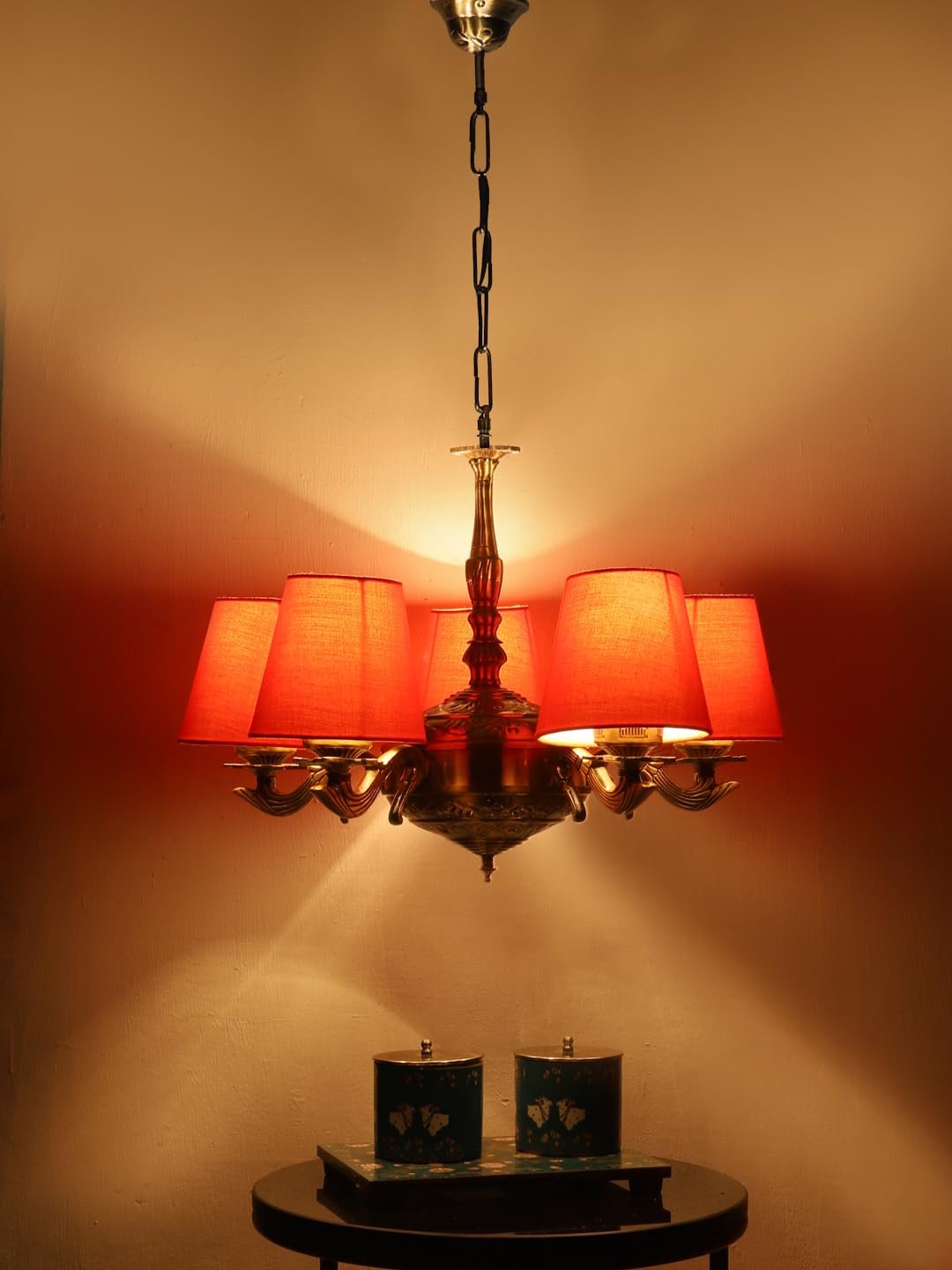 Lights Orange conical Cotton Shade with Antique Golden Chandelier