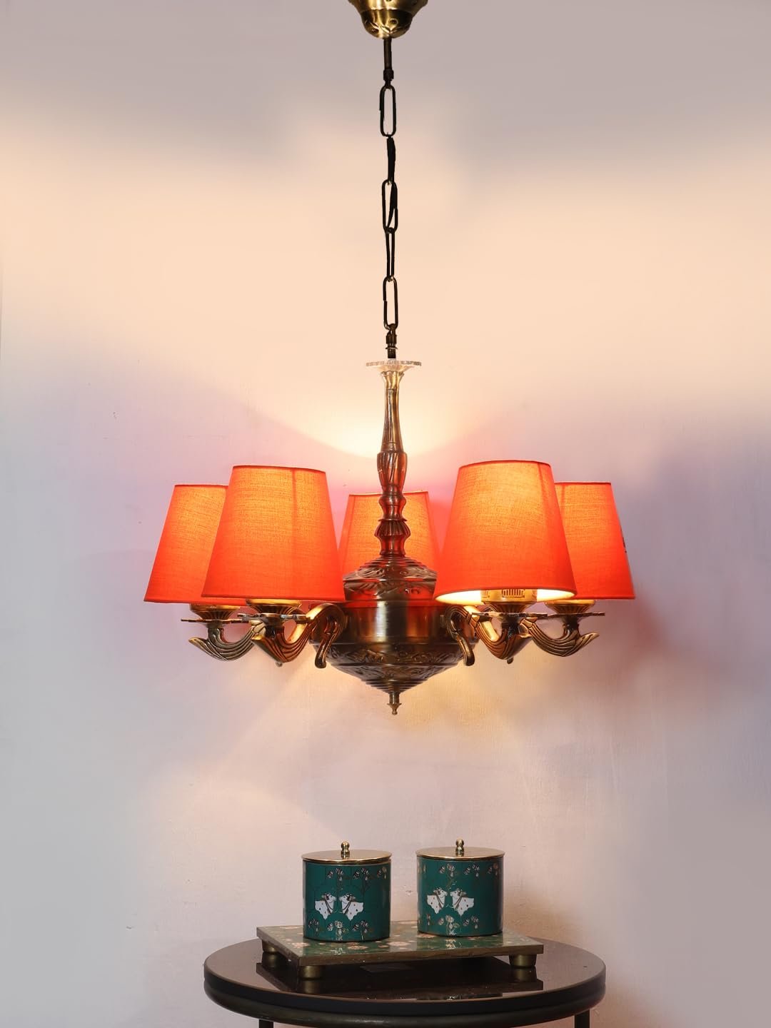 Lights Orange conical Cotton Shade with Antique Golden Chandelier