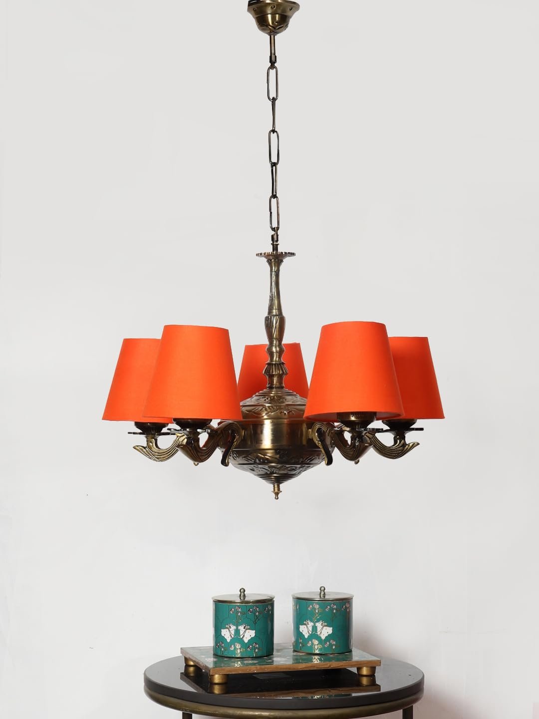 Lights Orange conical Cotton Shade with Antique Golden Chandelier