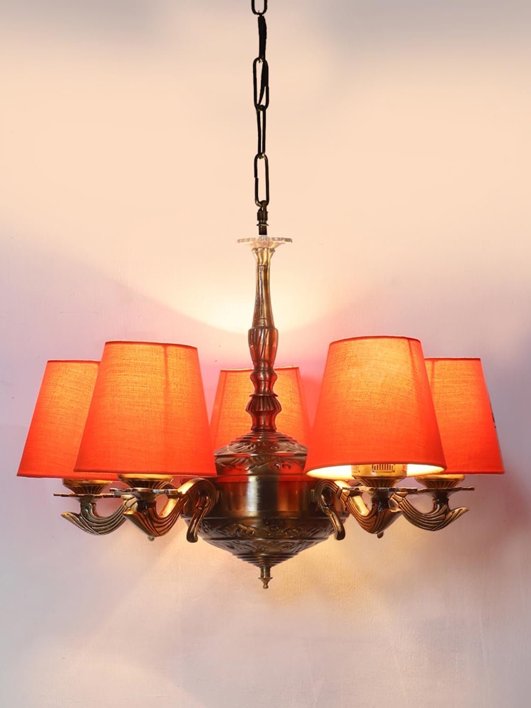 Lights Orange conical Cotton Shade with Antique Golden Chandelier