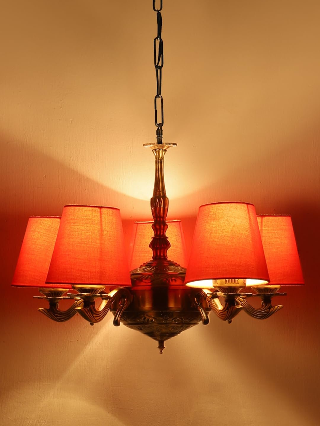Lights Orange conical Cotton Shade with Antique Golden Chandelier
