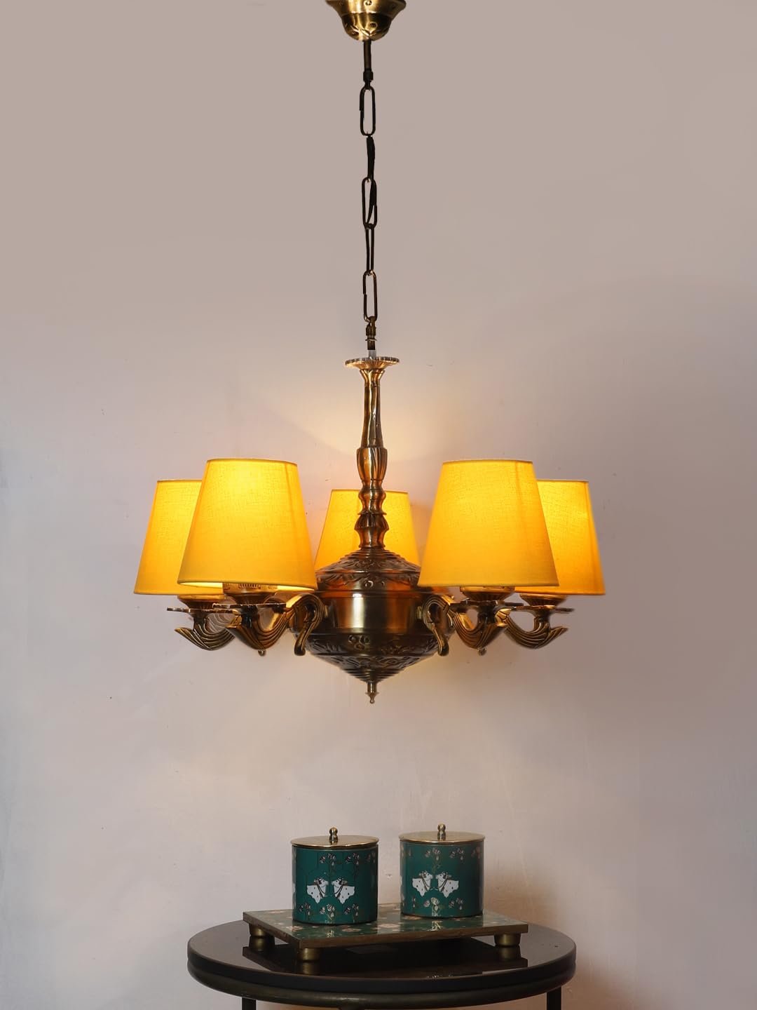 Lights Yellow conical Cotton Shade with Antique Golden Chandelier