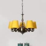 Lights Yellow conical Cotton Shade with Antique Golden Chandelier