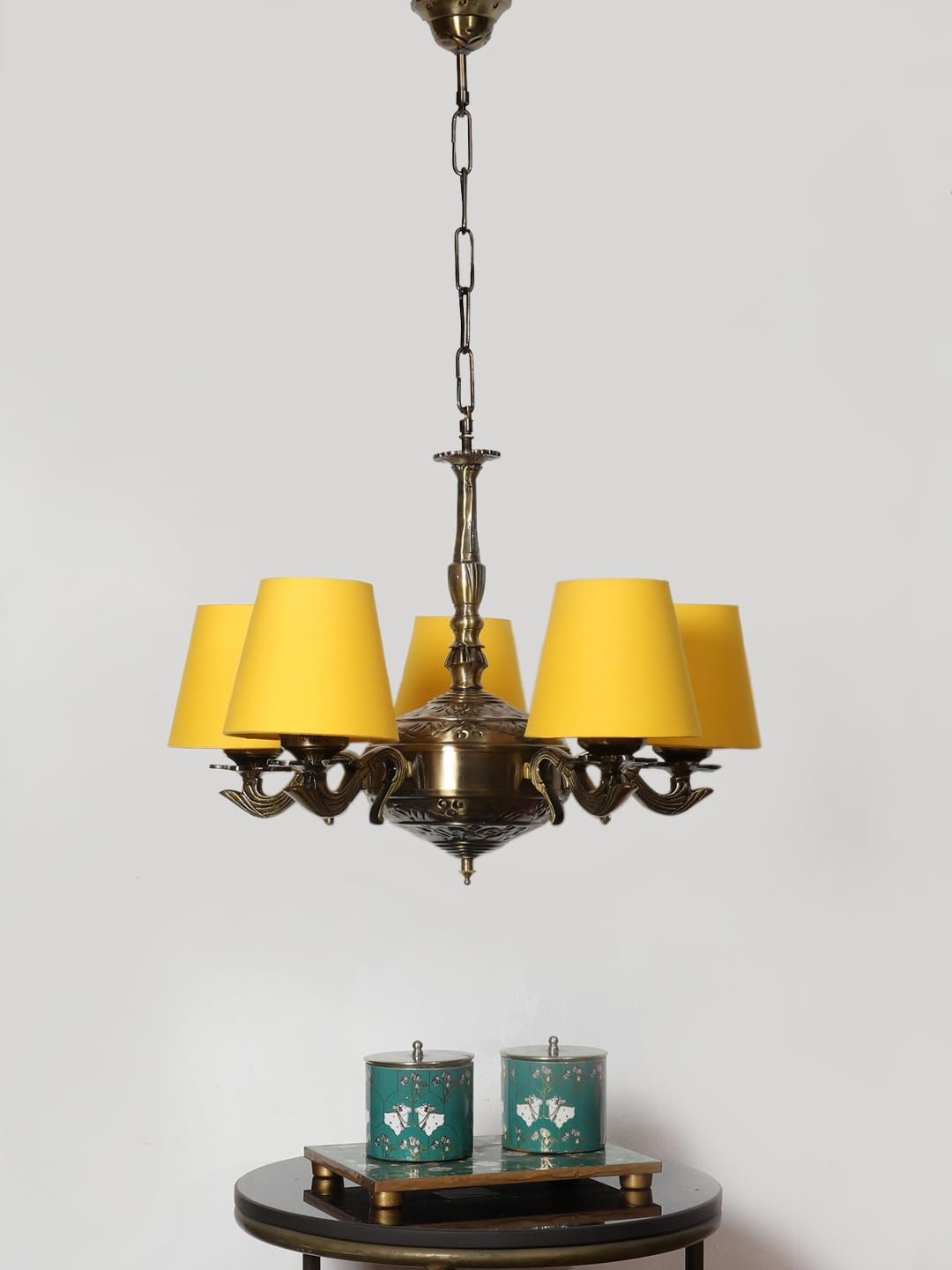 Lights Yellow conical Cotton Shade with Antique Golden Chandelier
