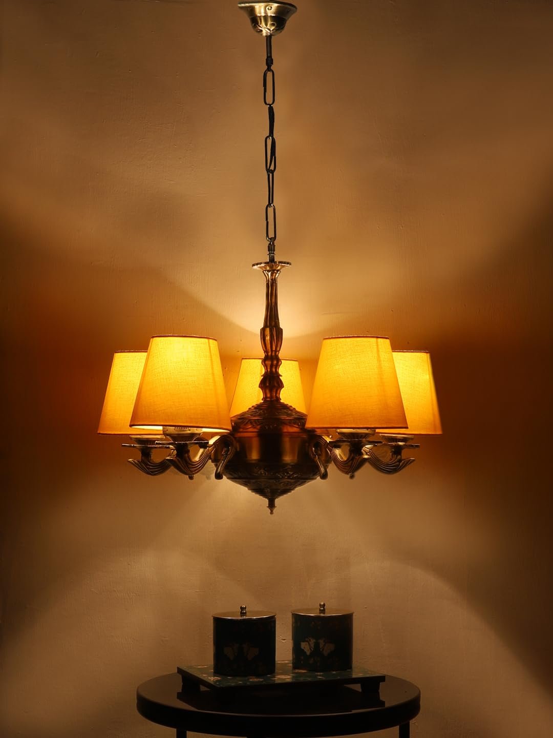 Lights Yellow conical Cotton Shade with Antique Golden Chandelier