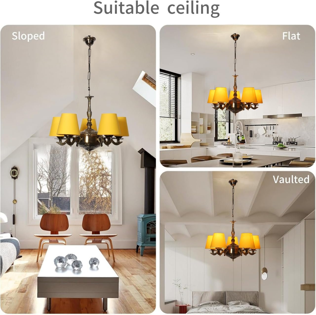 Lights Yellow conical Cotton Shade with Antique Golden Chandelier