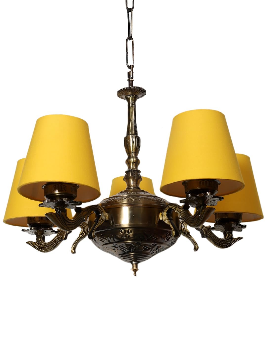 Lights Yellow conical Cotton Shade with Antique Golden Chandelier