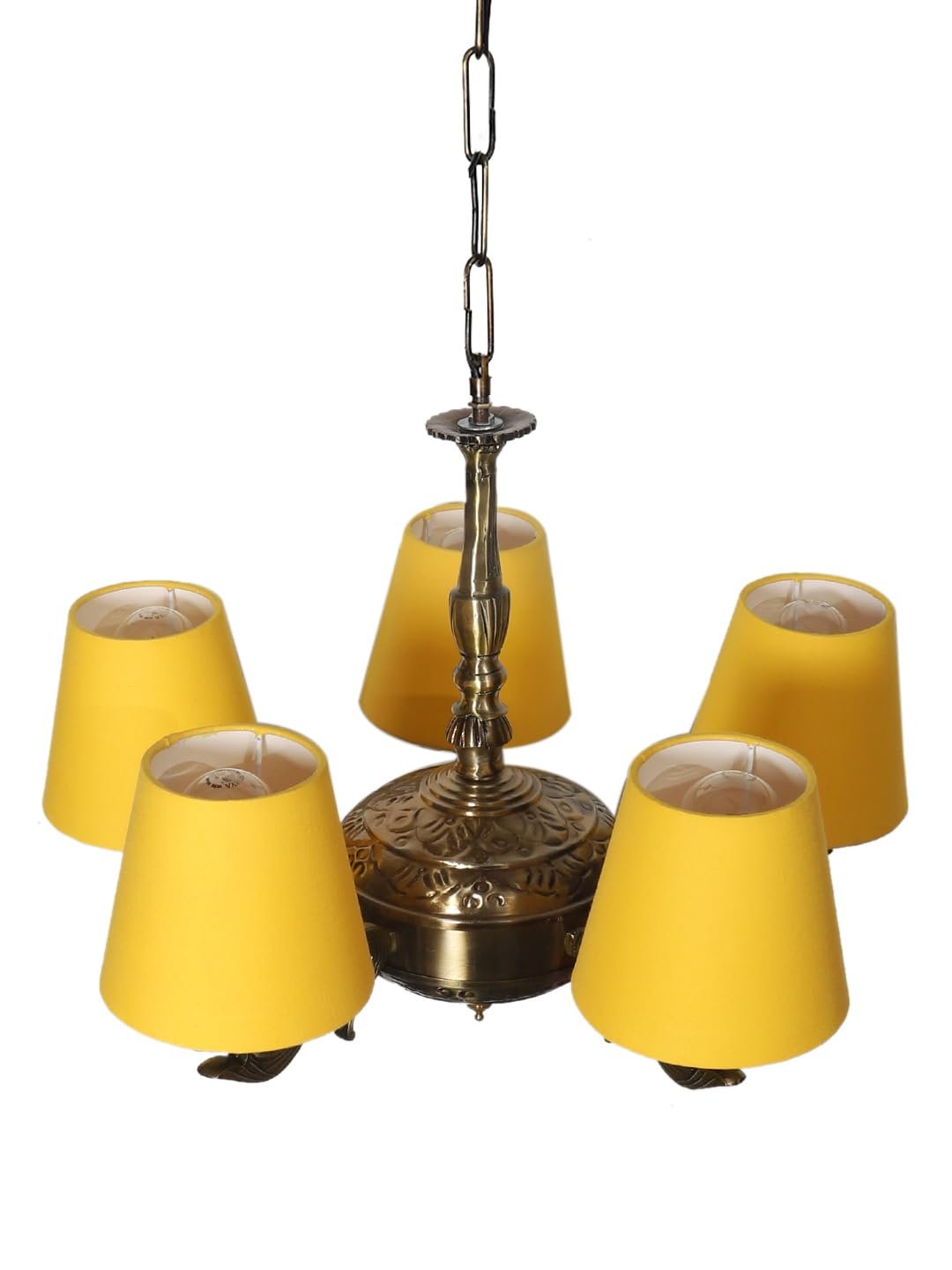 Lights Yellow conical Cotton Shade with Antique Golden Chandelier
