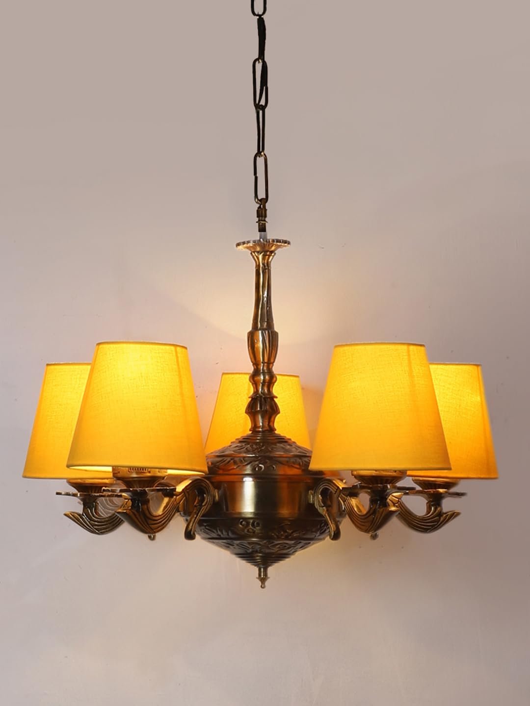 Lights Yellow conical Cotton Shade with Antique Golden Chandelier