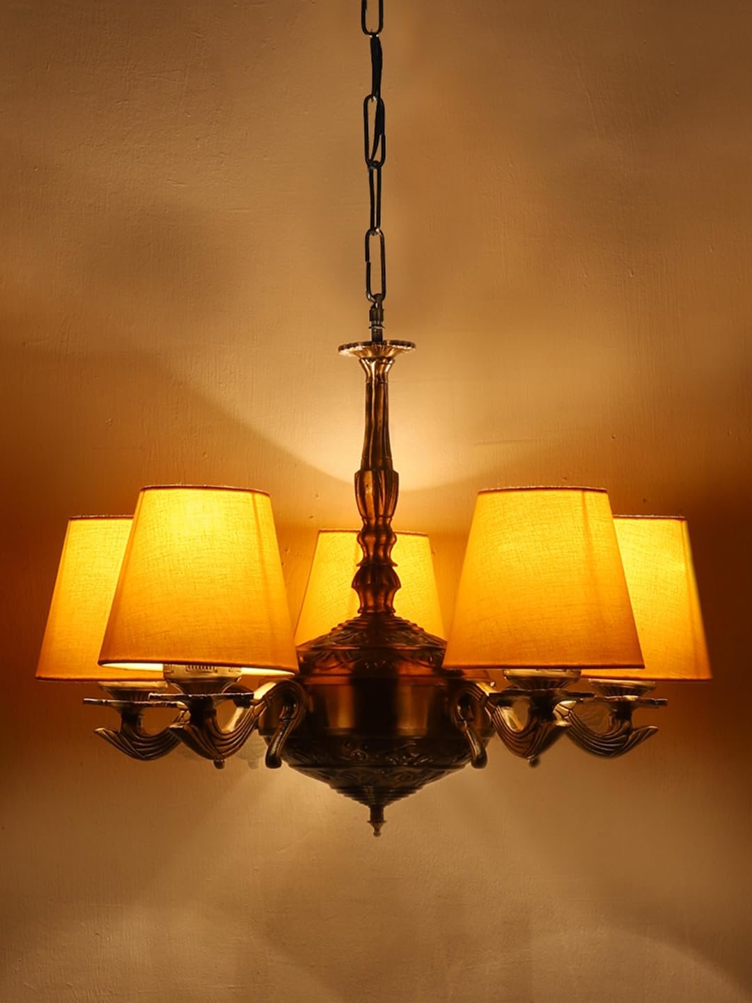 Lights Yellow conical Cotton Shade with Antique Golden Chandelier