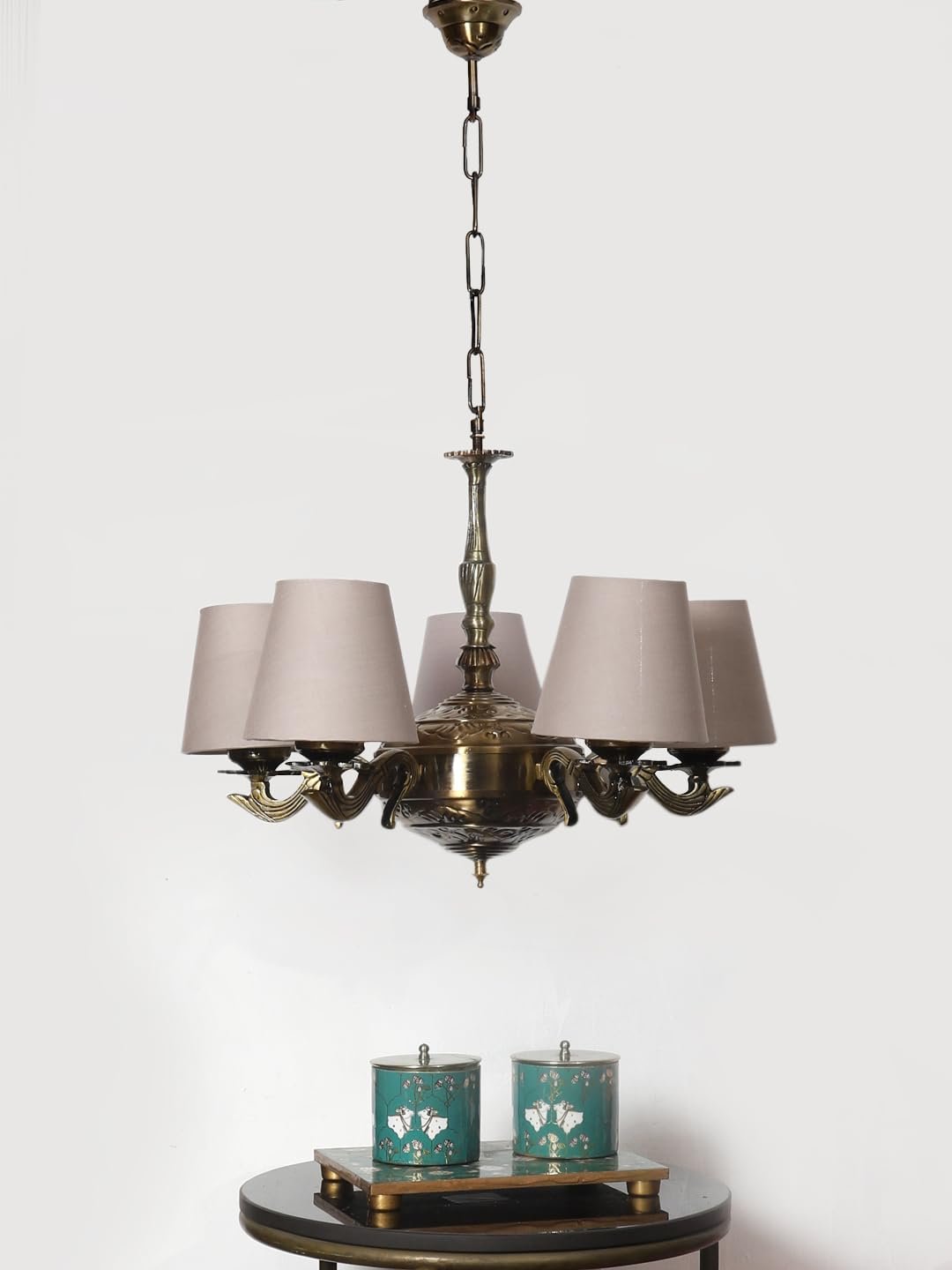 Lights Grey conical Cotton Shade with Antique Golden Chandelier