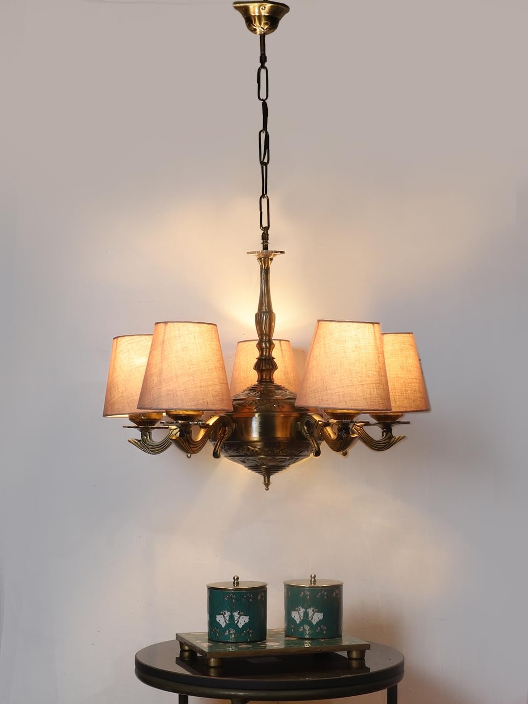 Lights Grey conical Cotton Shade with Antique Golden Chandelier