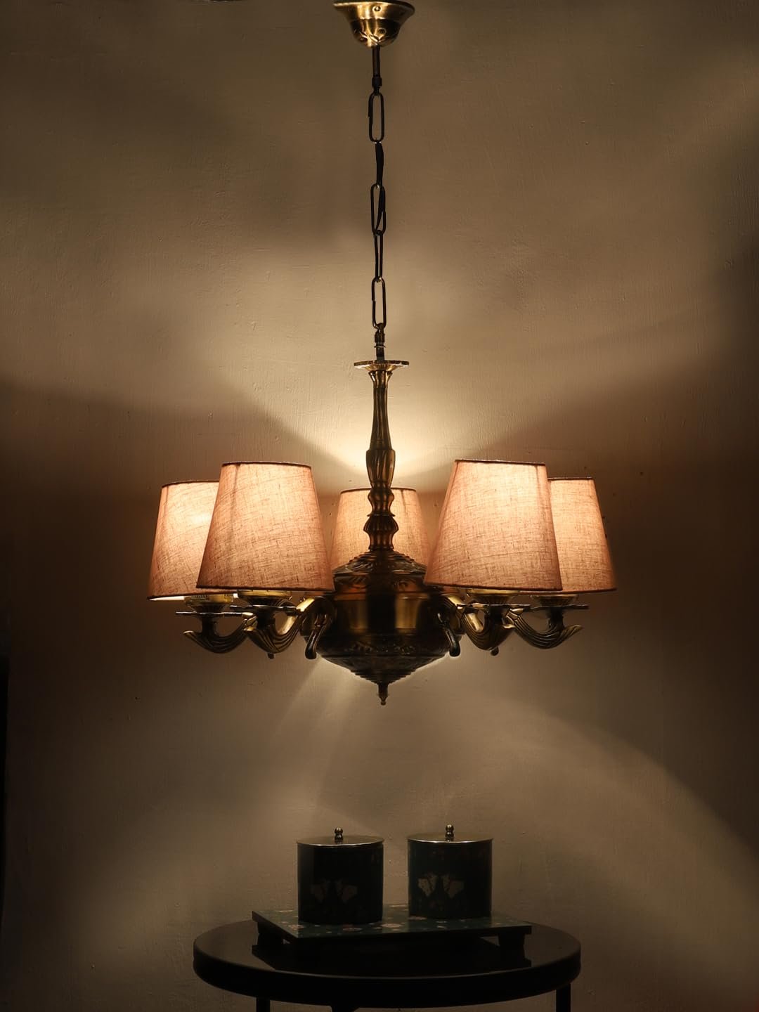 Lights Grey conical Cotton Shade with Antique Golden Chandelier
