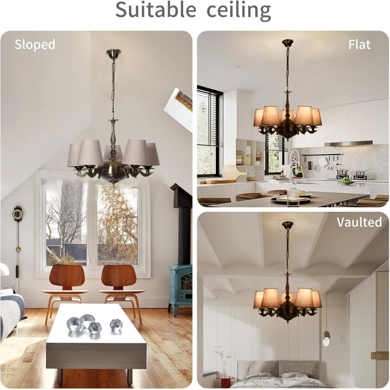 Lights Grey conical Cotton Shade with Antique Golden Chandelier