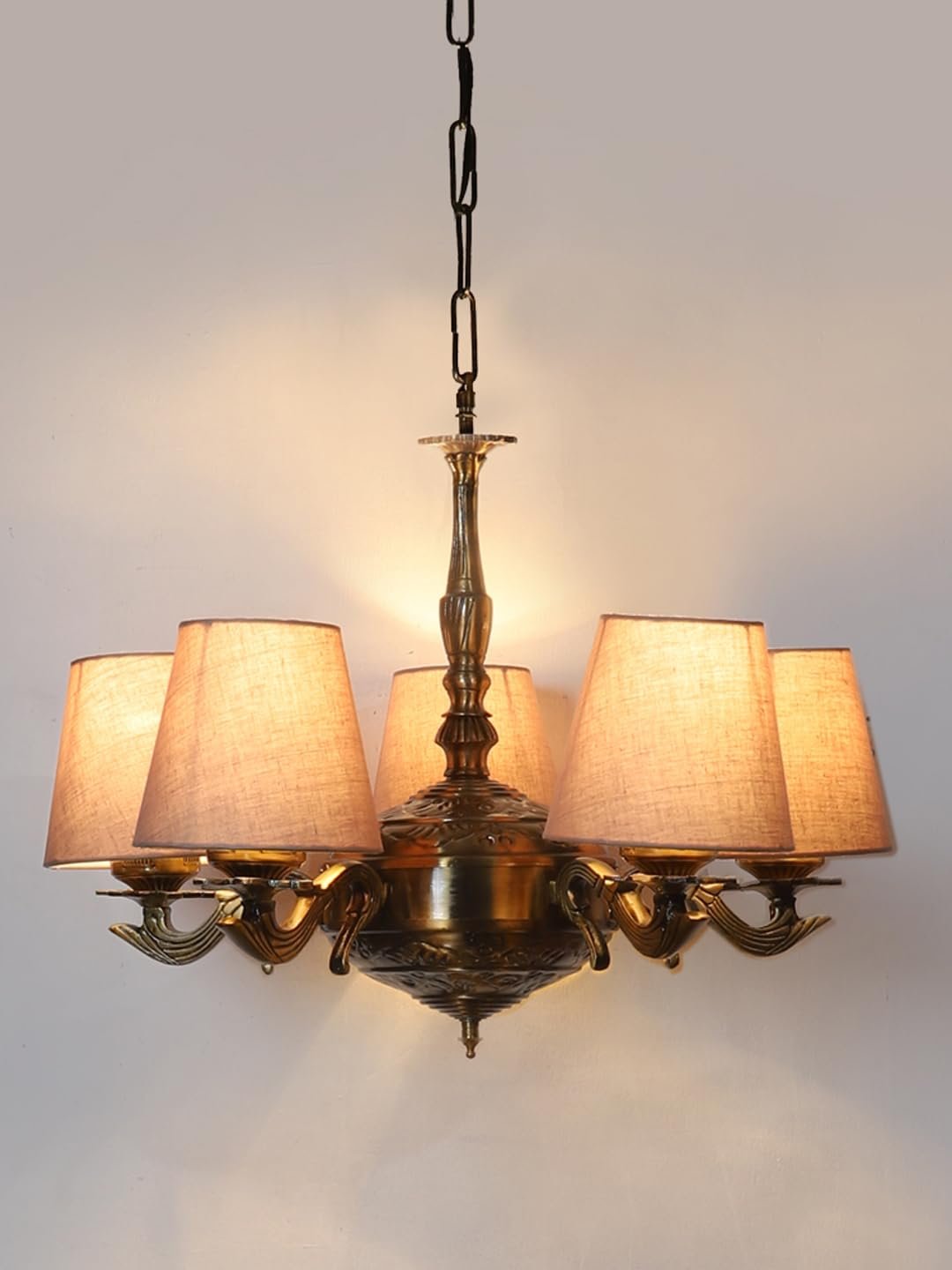 Lights Grey conical Cotton Shade with Antique Golden Chandelier