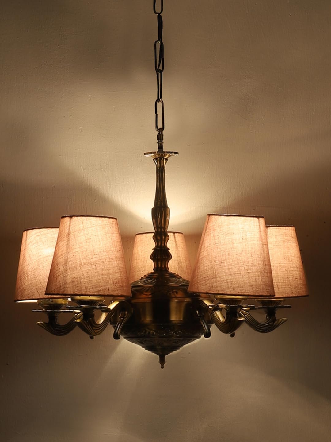 Lights Grey conical Cotton Shade with Antique Golden Chandelier