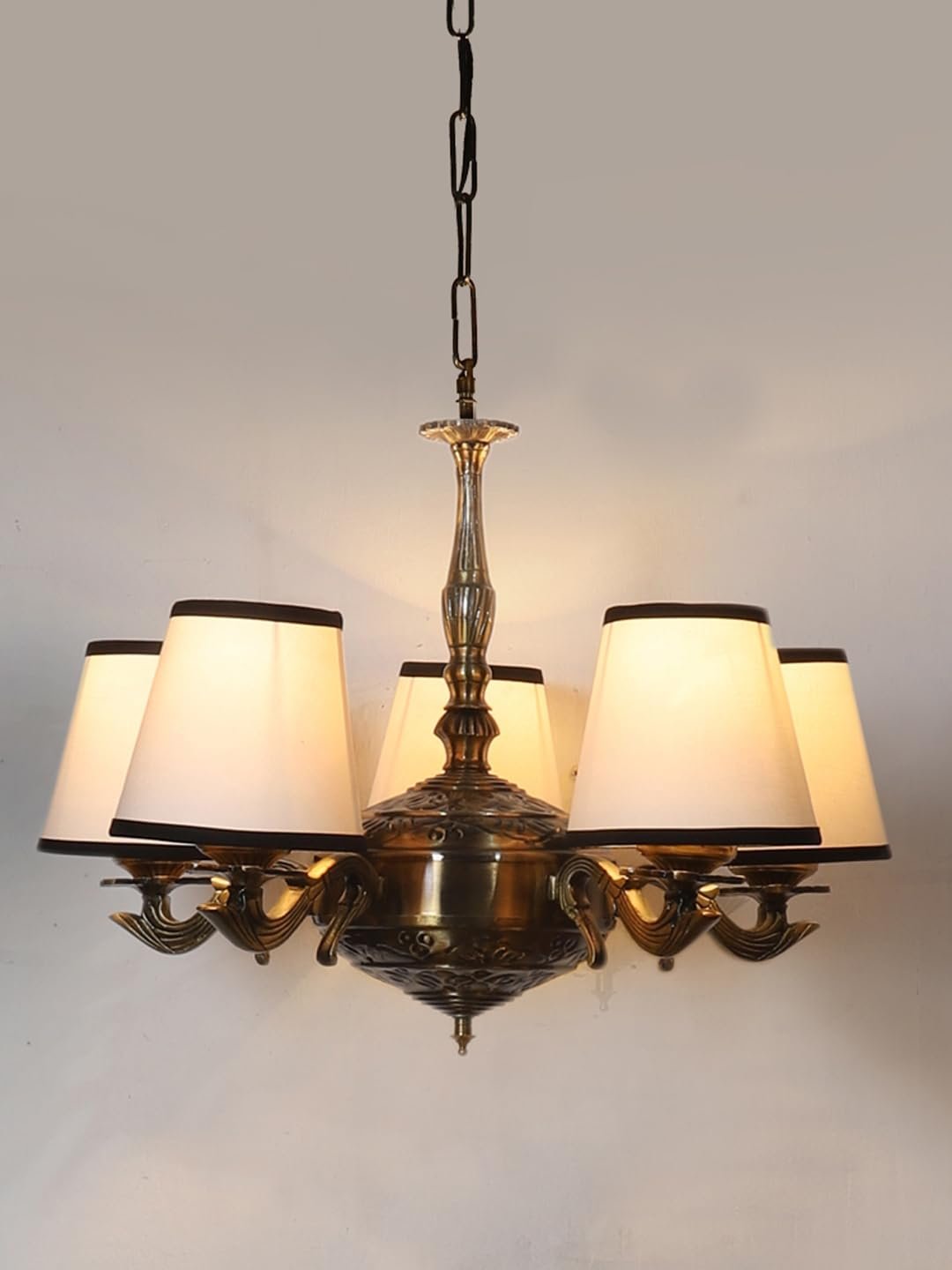 Lights White & Black conical Cotton Shade with Antique Golden Chandelier