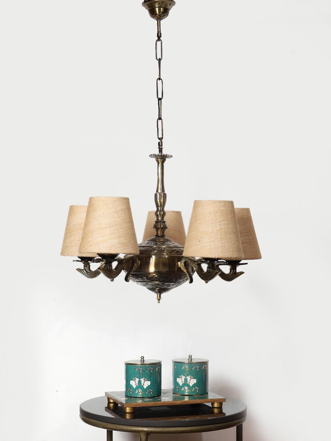 Lights Beige Jute conical Shade with Antique Golden Chandelier